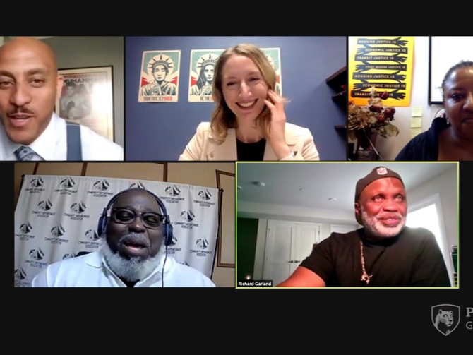 A photo of a livestream with 3 men and 2 women on the screen. 