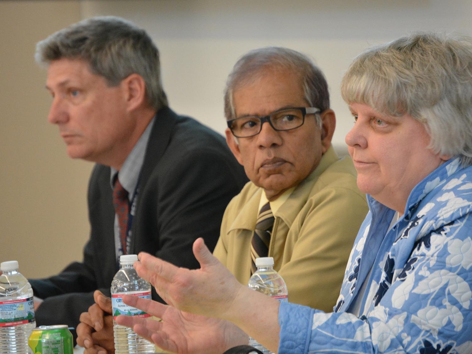 l to r: Nesmith, Sivarajah, and Cigler discuss Flint water crisis