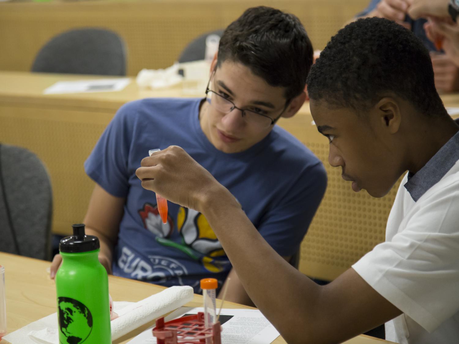 high school students do experiments during summer STEM program