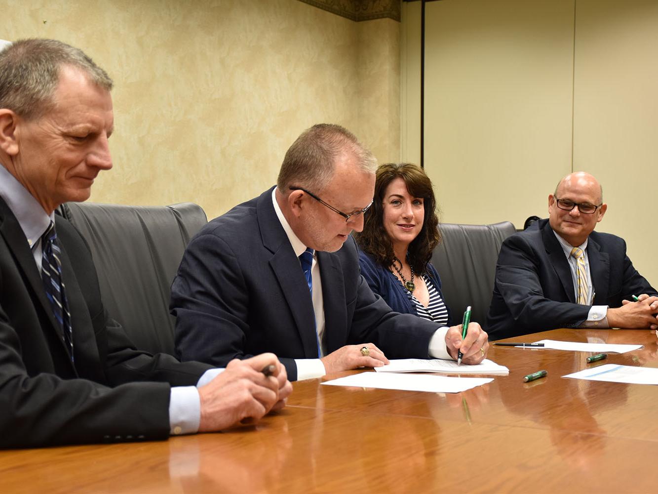 From left, Dr. Andrew Egan, chancellor of Penn State Greater Allegheny, Dr. Charles Patrick, chancellor of Penn State Fayette, Dr. Tuesday Stanley, WCCC president, and Dr. Kevin Snider, chancellor of Penn State New Kensington.