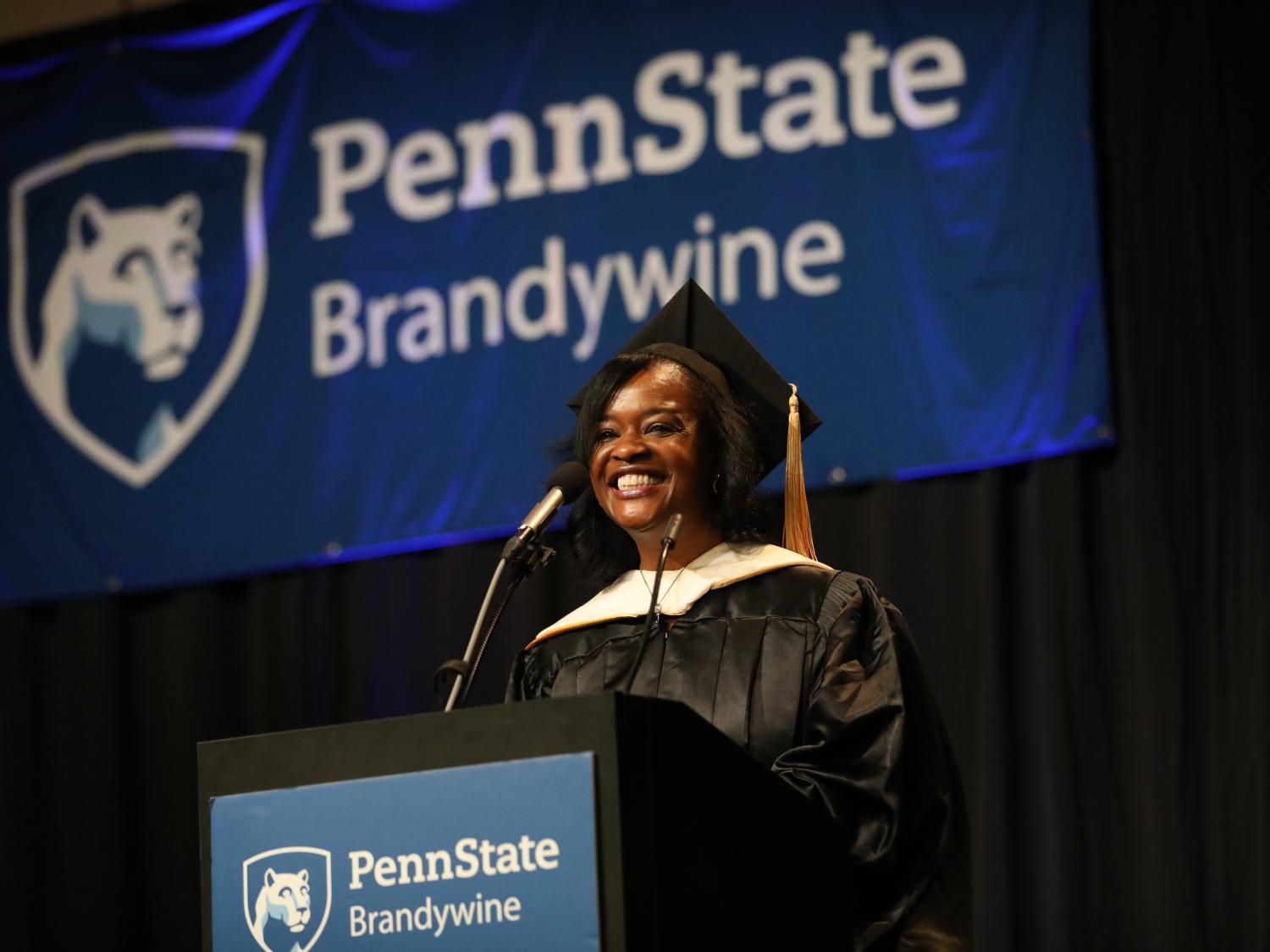 Karen McClendon speaks at Penn State Brandywine's commencement.