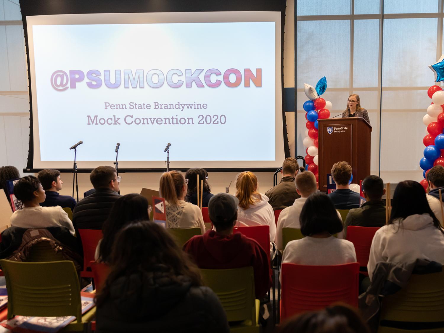 Pennsylvania Representative Jennifer O’Mara speaks at Penn State Brandywine's mock convention.