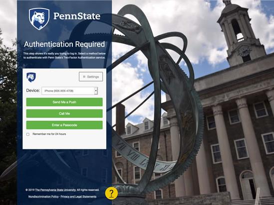 The new prompt appears as a white box on the second login screen with the Penn State shield in the upper left corner and green buttons that display the three access methods.