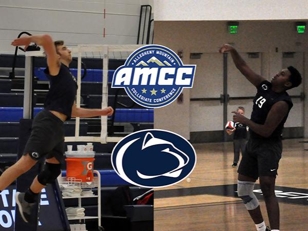 Senior Frank Perehinec (left) and sophomore Abel Gebre (right) competing for the men's volleyball team in early spring 2020.