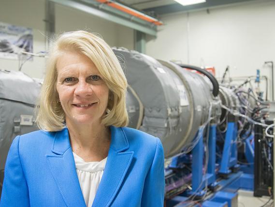 Karen Thole, distinguished professor and mechanical engineering department head at Penn State, in the Steady Thermal Aero Research Turbine (START) lab.