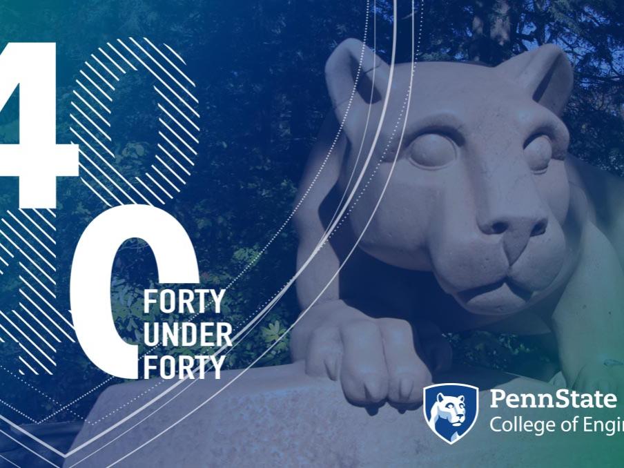 graphic showing lions head and the words "Forty under forty"