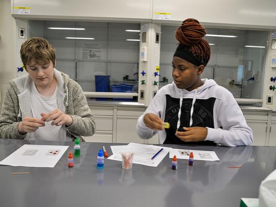 Two students sit at lab table and look at vials of faux blood.