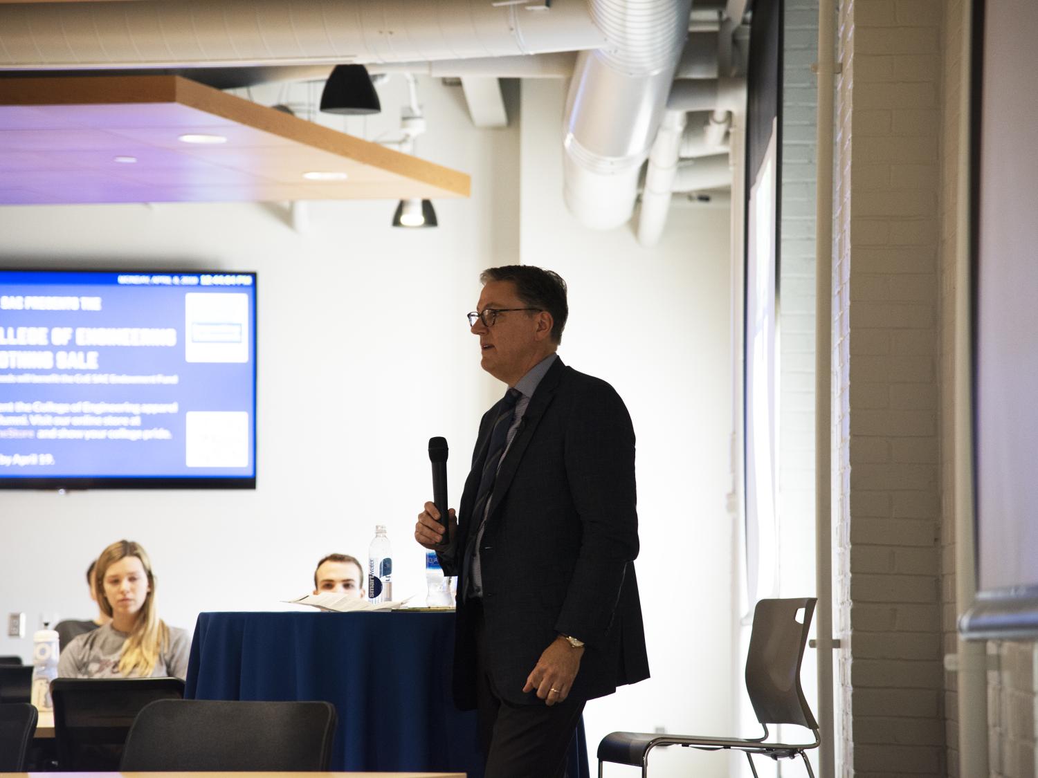 Brian T. Olsavsky, senior vice president and chief financial officer (CFO) at Amazon, addresses students.