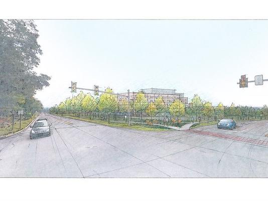 Artist's rendering of a hospital seen from an intersection
