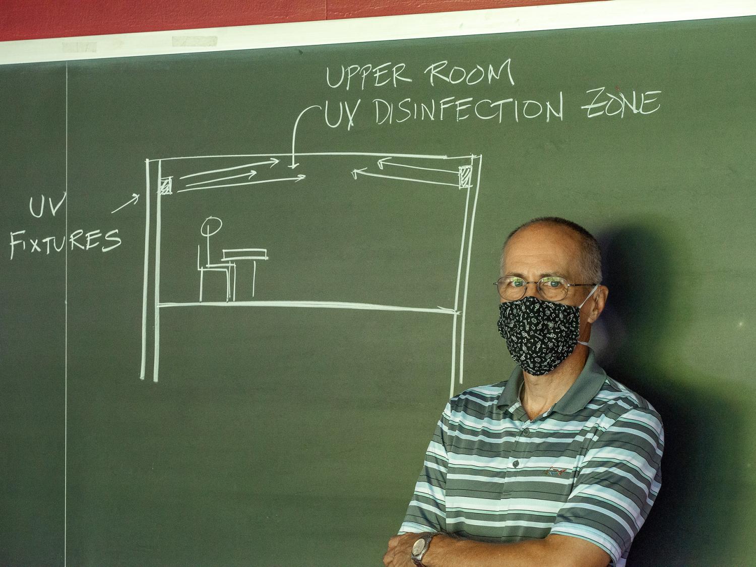 A man wearing a mask and glasses points to a chalkboard with a classroom diagram with the words upper room UV disinfection zone and UV fixtures. 