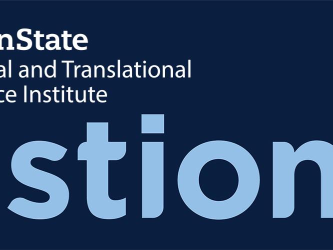 the Five Questions logo with the Penn State CTSI logo and Penn State Shield. A head and shoulders photo of Winnie Adebayo is included