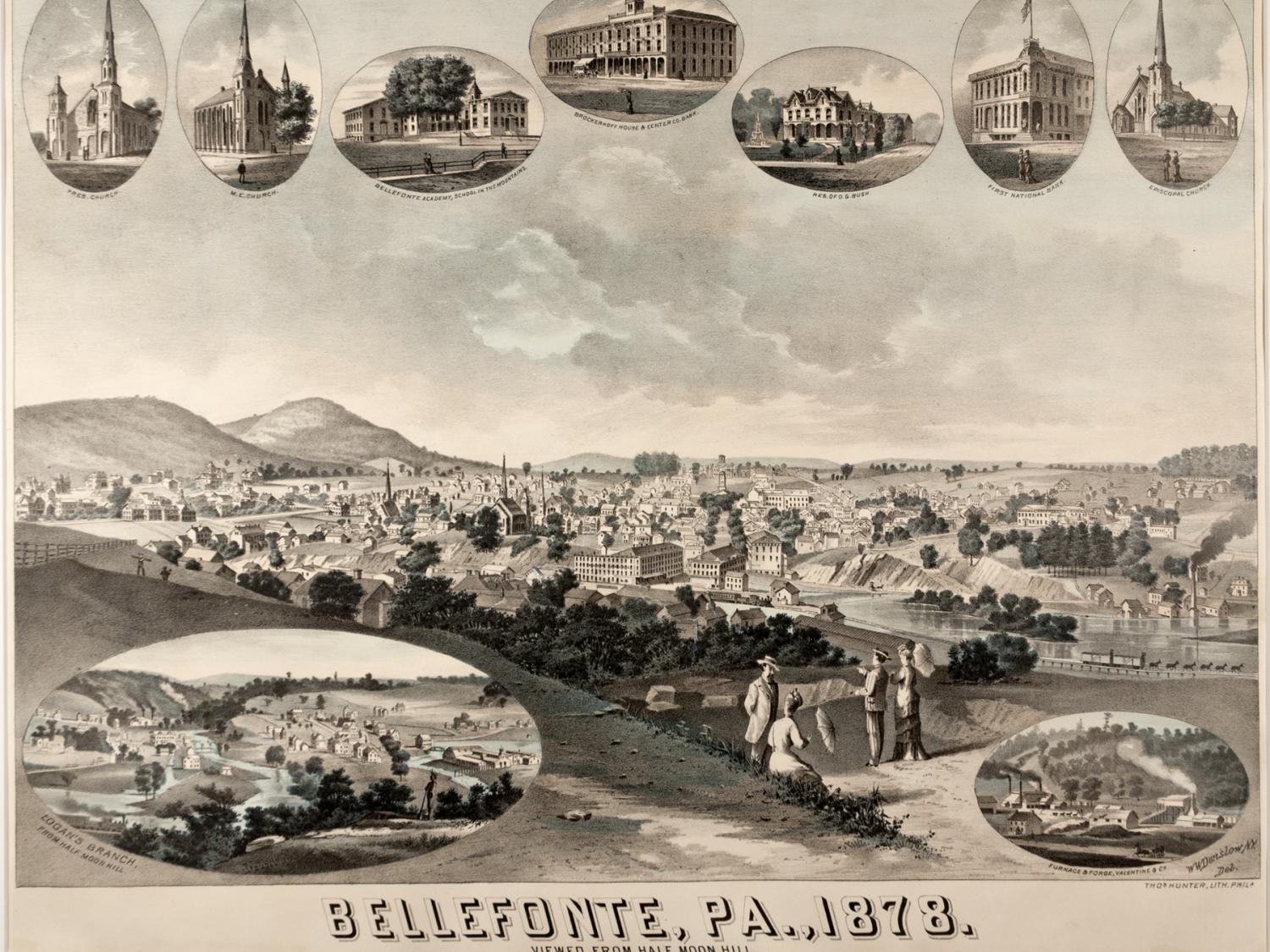 A colored lithograph of Bellefonte, Pa., from 1878.