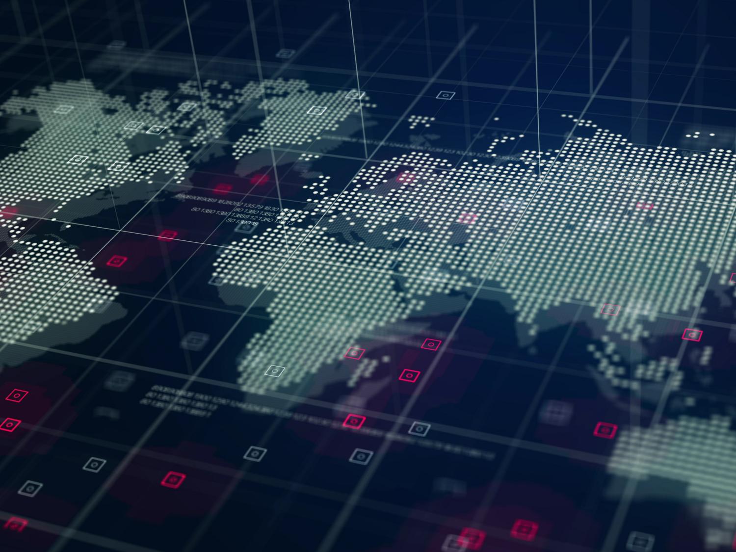 A digital rendering of a global map.
