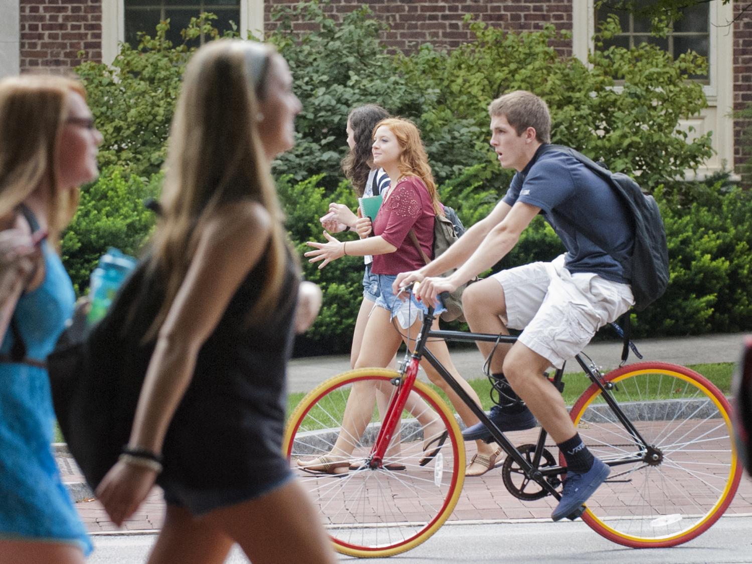bicycling to class on day one of fall semester