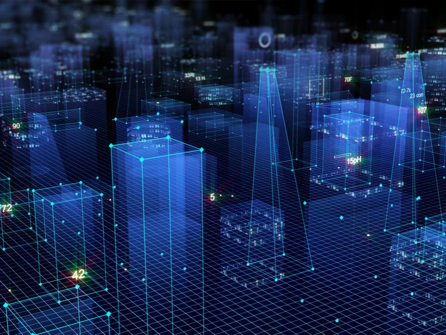3D Rendering abstract technological digital city from data in cyberspace, information storage in the information space