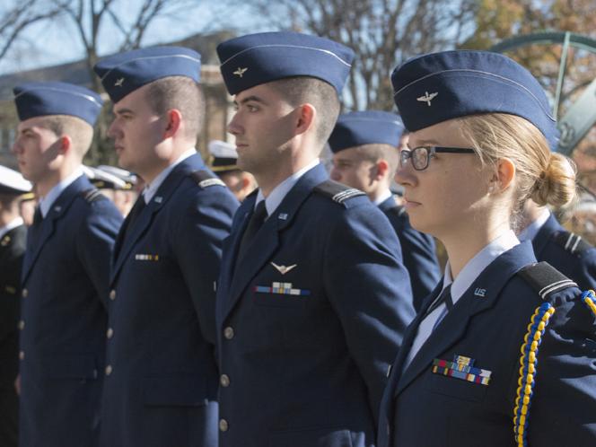 Air Force ROTC cadets stand in line, in uniform