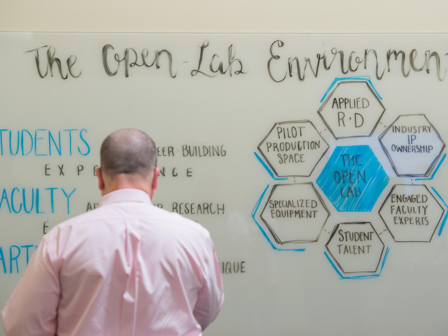 A man stands inside Penn State Behrend's Advanced Manufacturing and Innovation Center