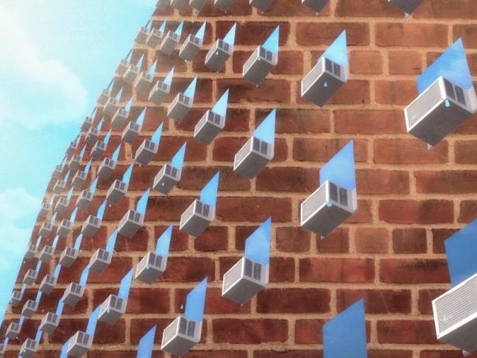 A photo illustration shows brick wall depicting a housing complex and air conditioners evenly spaced to represent windows.