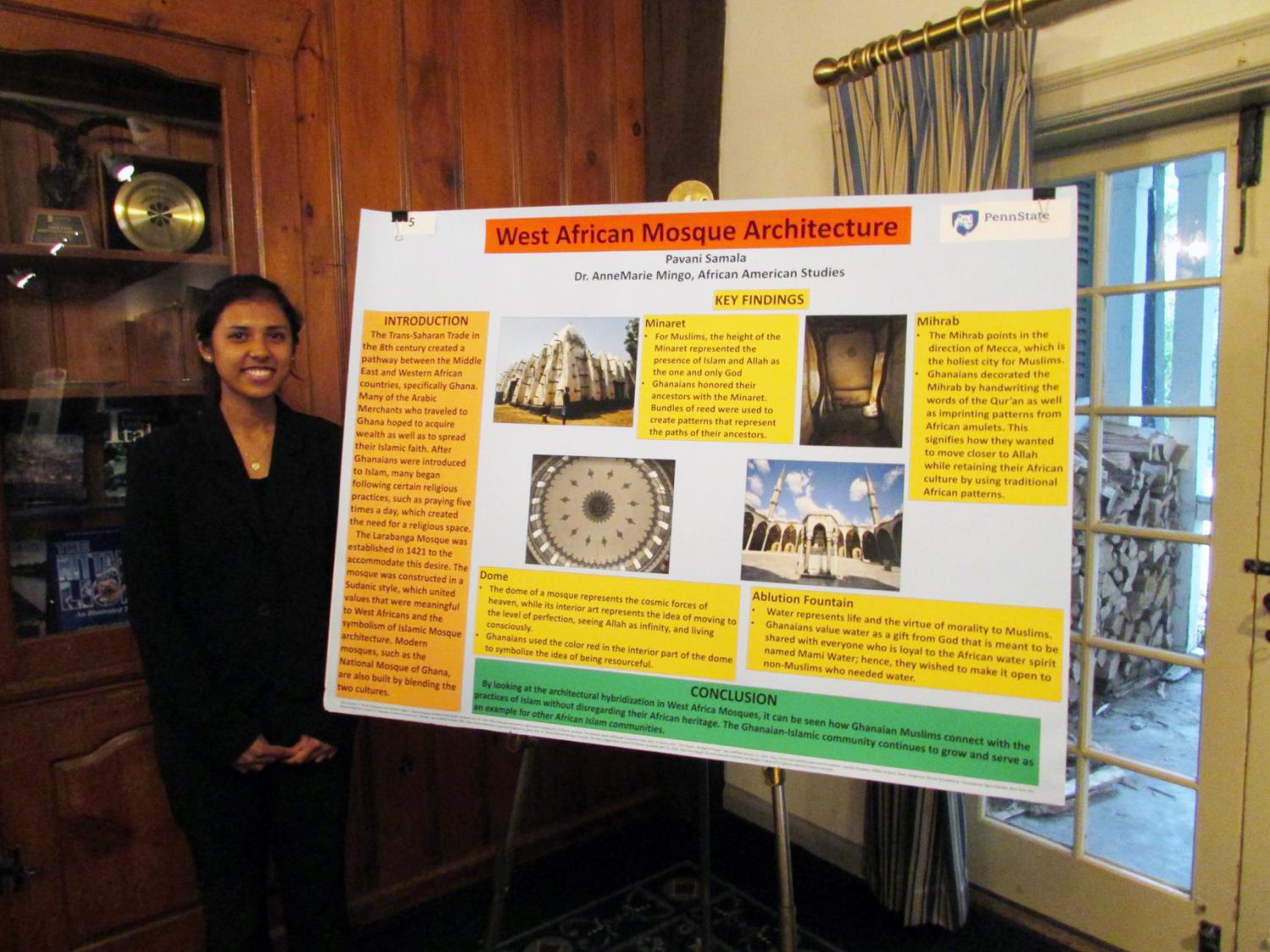 Penn State stduent Pavani Samala won first place in the Africana Research Center's 2018 Undergraduate Research Exhibition for her research on West African mosque architecture.