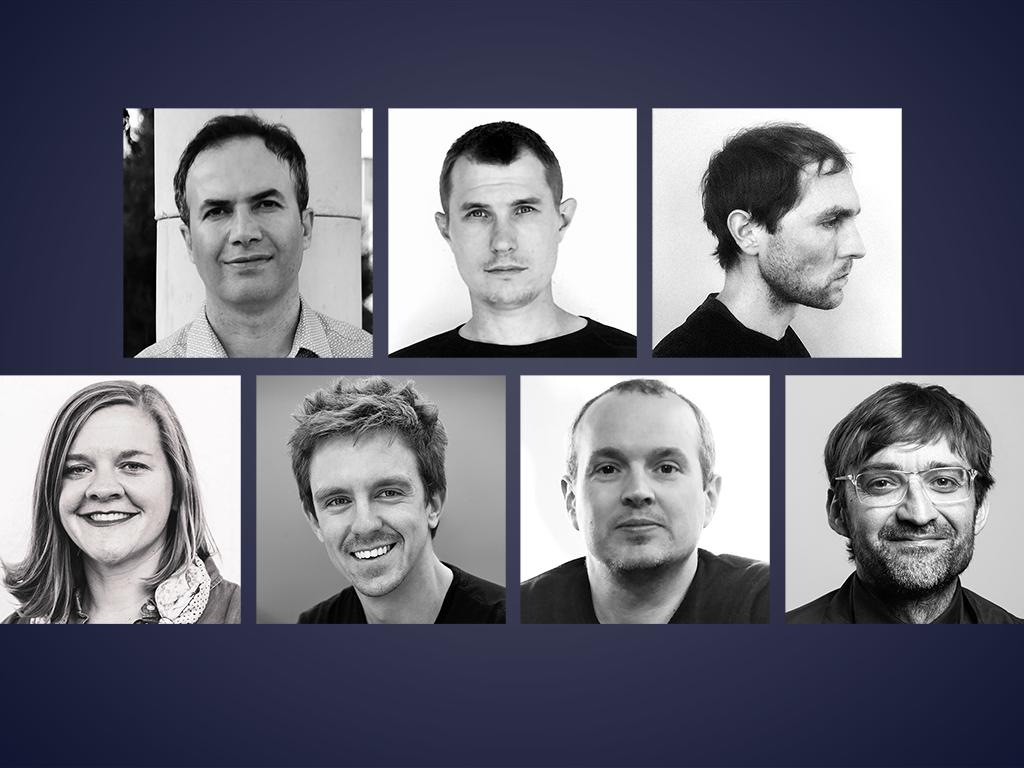 Black and white portraits of Rahman Azari, Michael Jefferson, Matthew Kennedy, Heather Ligler, Eduardo Mediero, Brian Peterka, and Juan Antonio Sánchez Muñoz, stacked three on four against a dark blue background. 