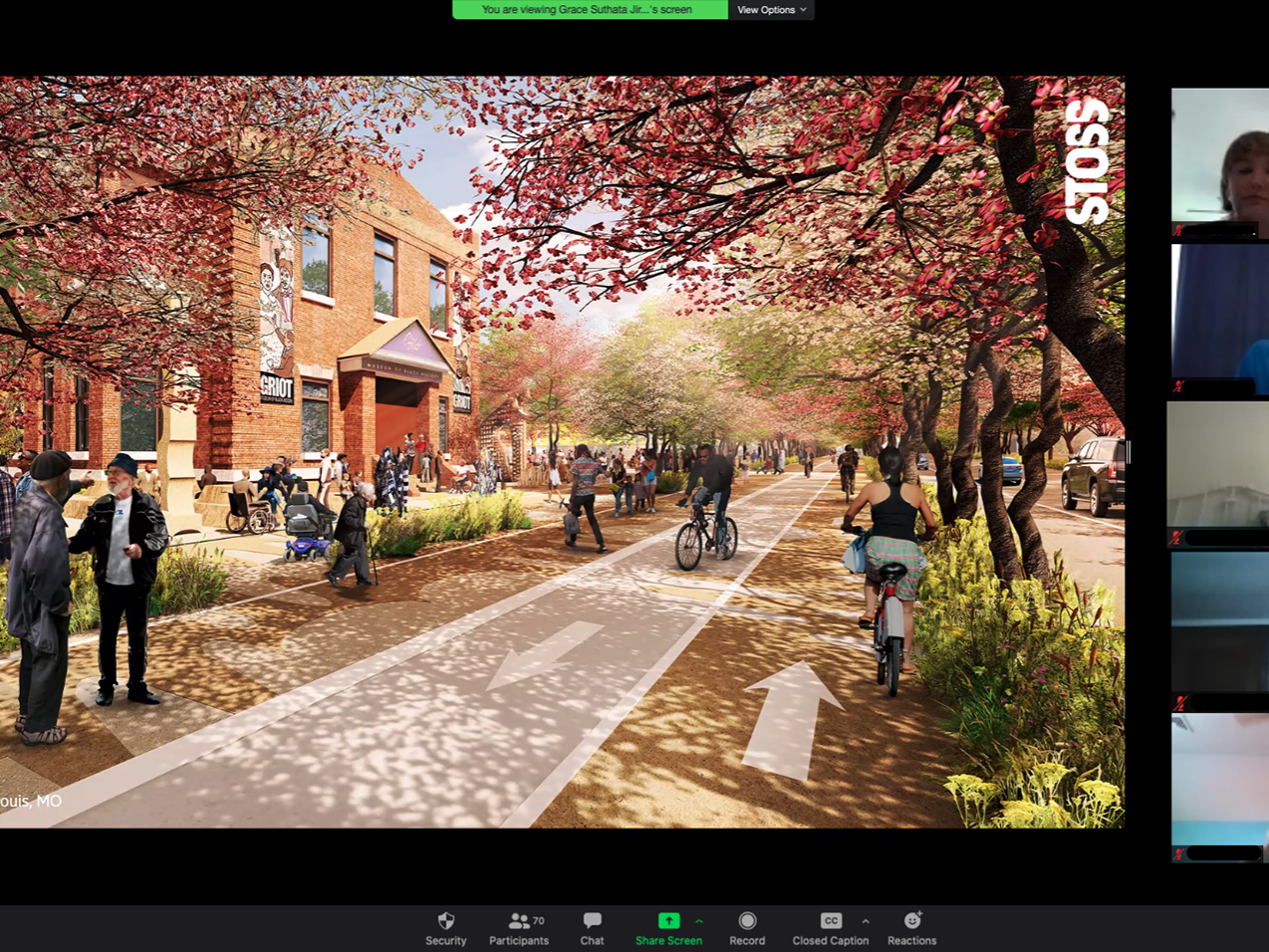 A zoom screenshot of 2020 summer virtual camp participants reviewing Stoss Landscape Urbanism’s award-winning St. Louis Chouteau Greenway design.