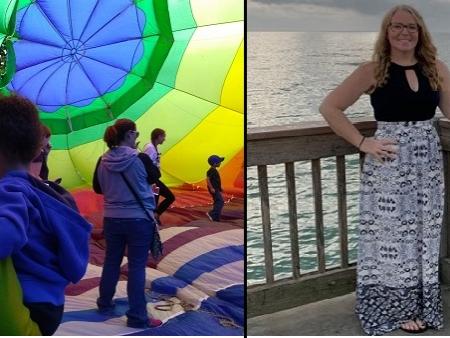 Split collage of adult learners. On the left a woman and child inside a colorful parachute. On the right a woman standing with the ocean behind her.