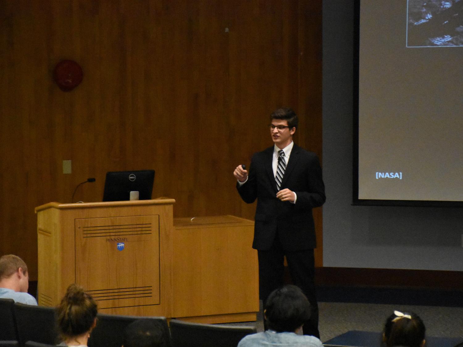 Adam Cheskey presents during the Leonhard Center Speaking Contest
