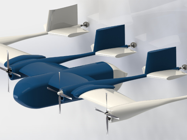 A computer graphic of a navy blue and white aircraft pictured flying horizontally.