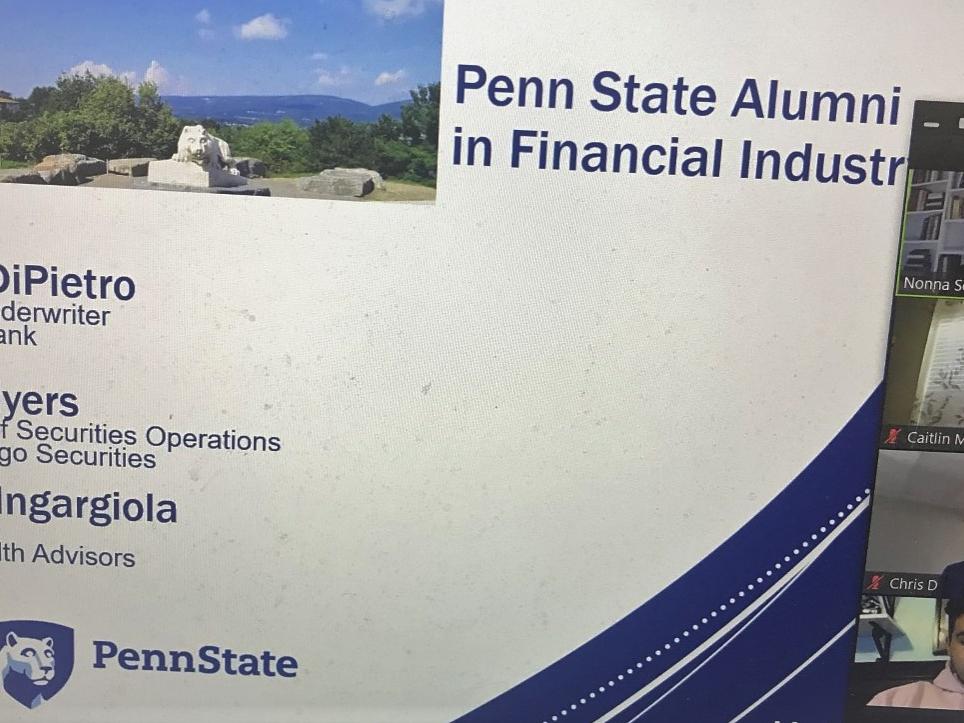 screenshot of alumni panelists speaking to finance students via ZOOM