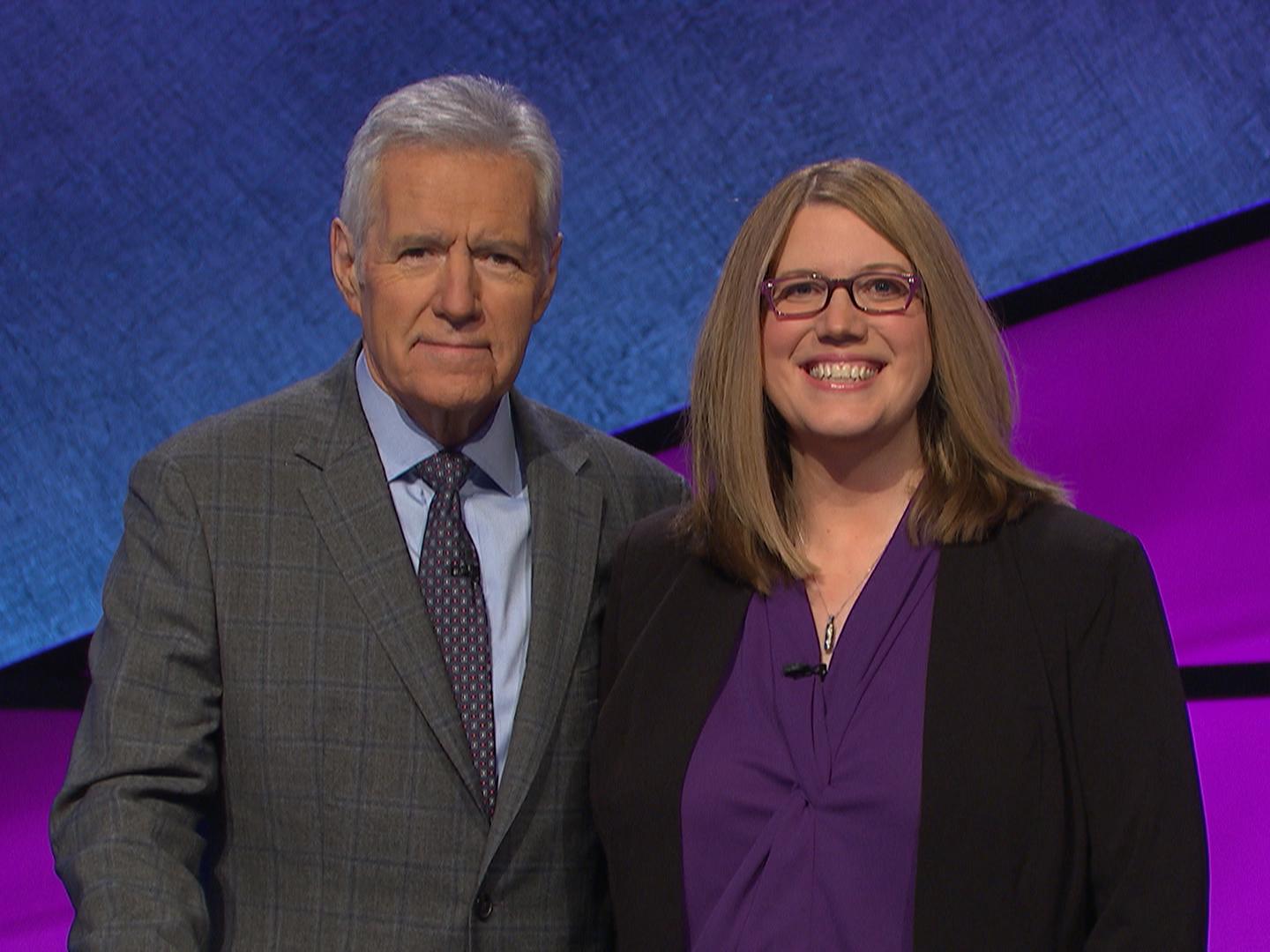 Ariana Mikulski with Alex Trebek on Jeopardy!