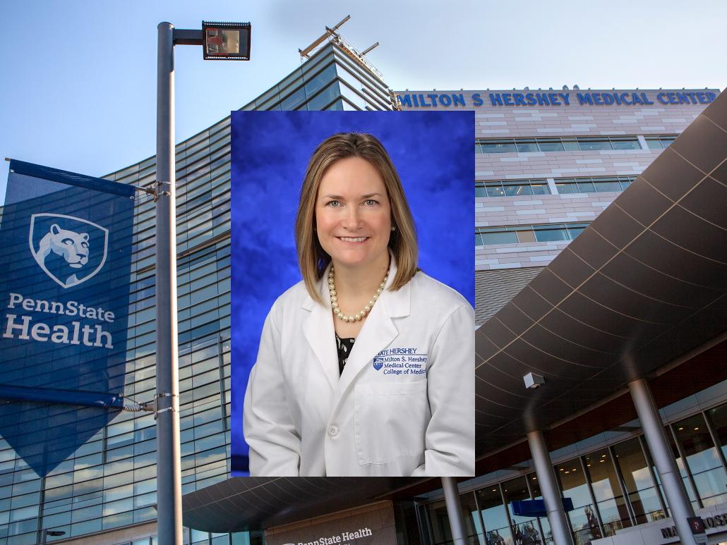 A photo of a woman smiling overlays a photo of a hospital entrance