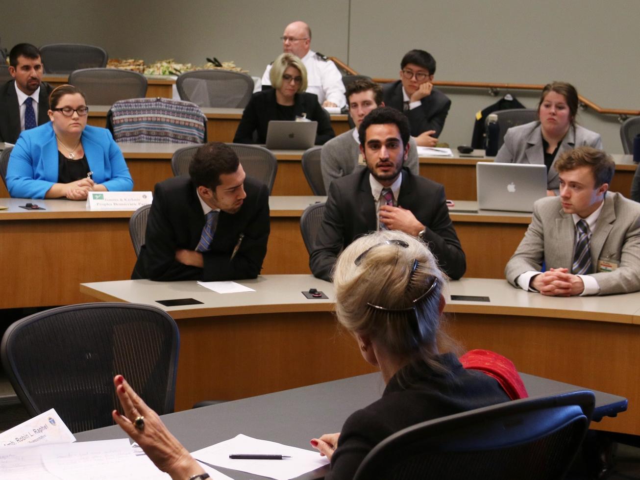 Former U.S. Ambassador Robin Raphel leads Penn State students through the final session of the U.S. Army War College International Strategic Crisis Negotiation Exercise.