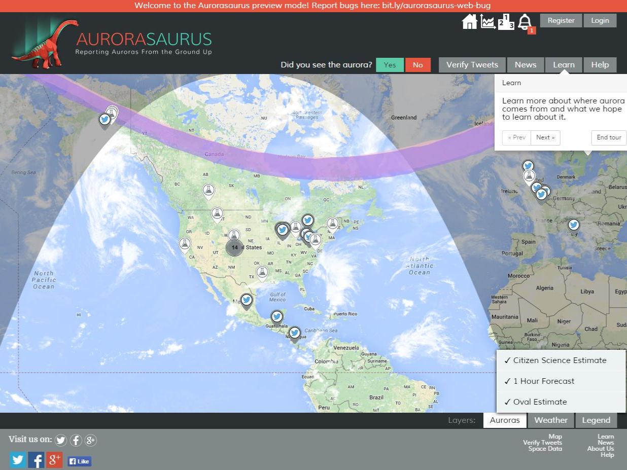 Aurorasaurus homepage screenshot