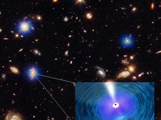 Combined image of many galaxies in the universe, many with a supermassive black hole in the center as depicted by an inset illustration.