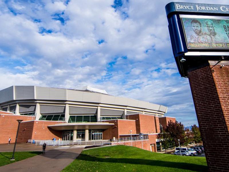 View of Gate A and Marquee outside the Bryce Jordan Center
