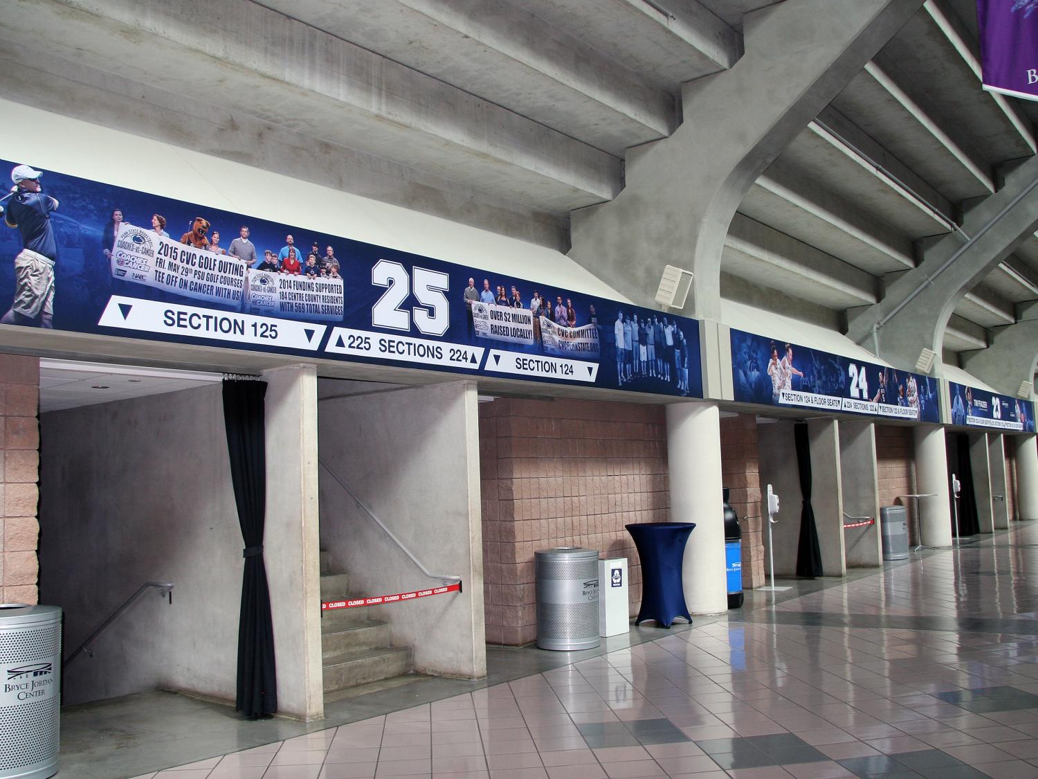 A view of the new Bryce Jordan Center portal graphics from the concourse.