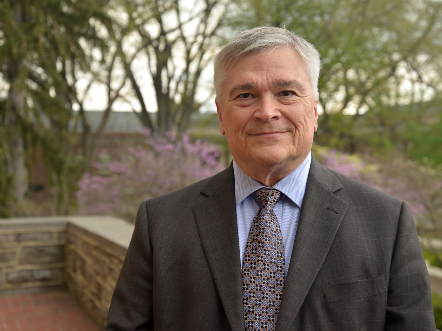 Penn State President Eric Barron in front of Old Main on April 22, 2016.