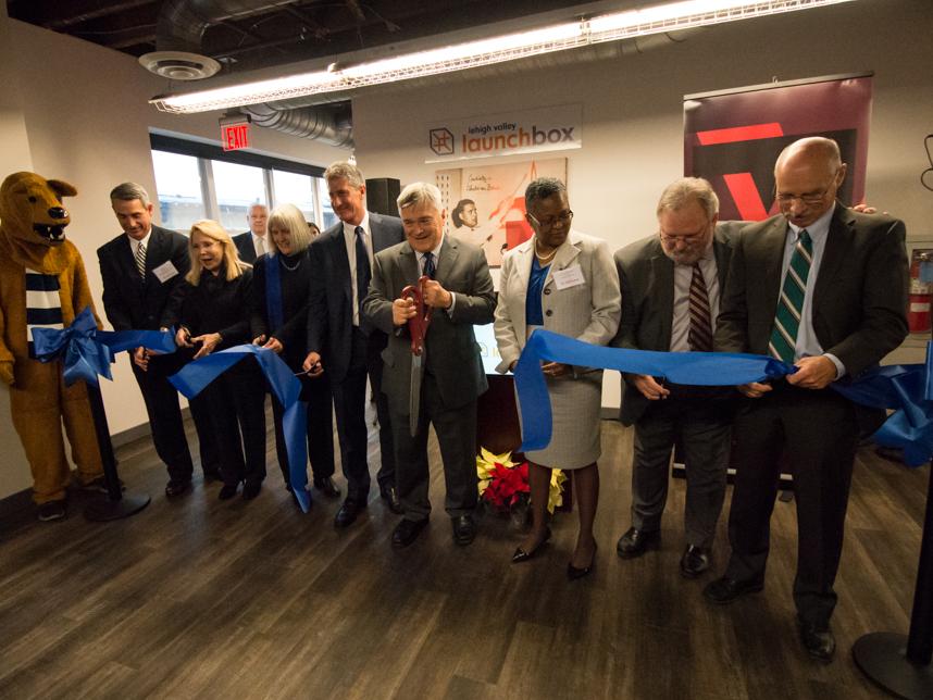 A group gathers to cut the ribbon for Lehigh Valley LaunchBox