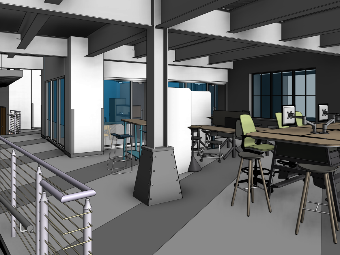 A computer rendering of a laboratory with desks, computers and walkways.