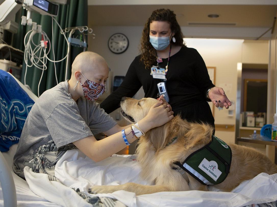 Emma Munger wears a mask and leans forward in a hospital bed to pet Becky, a golden retriever, who stares into Munger’s eyes. Behind them stands a woman in a mask and lanyards.