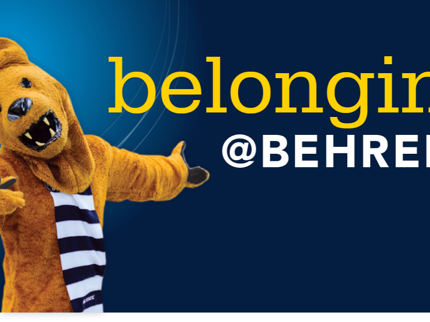 An illustration with the words "Belonging @ Behrend" next to the Nittany Lion.