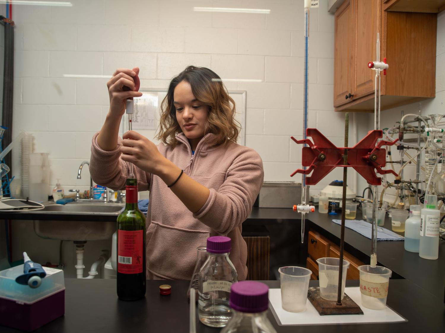 Penn State Behrend student Roni Stefanick works in the chemistry lab at Mazza Vineyards