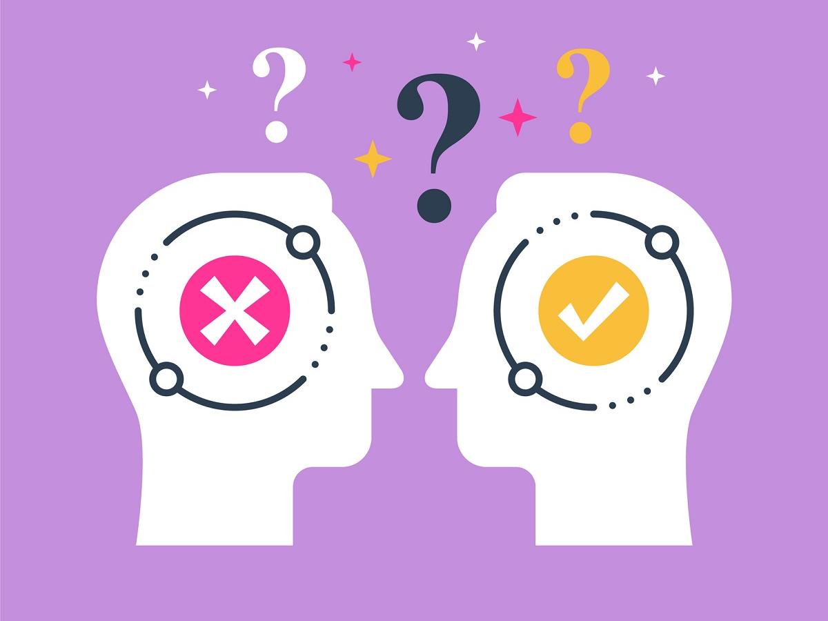 Illustration shows two heads silhouetted in profile. One contains an X and the other a checkmark. Question marks surround the heads.