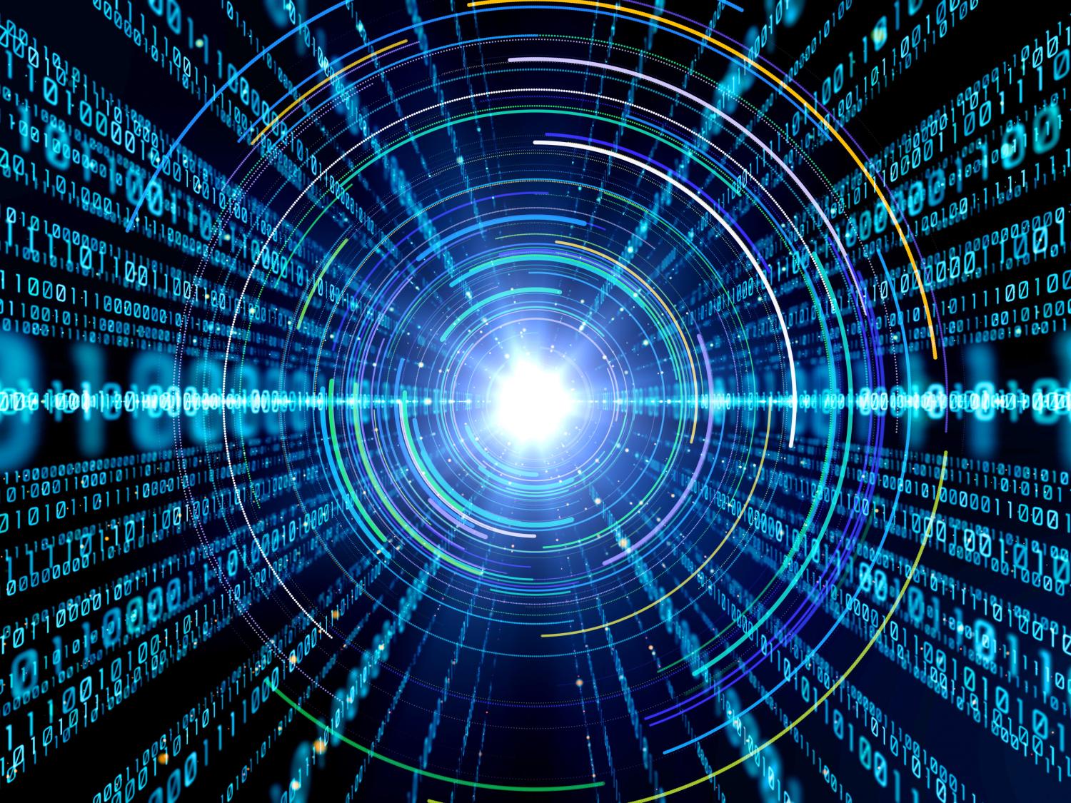 Central white spot with 0s and 1s radiating outward on dark background