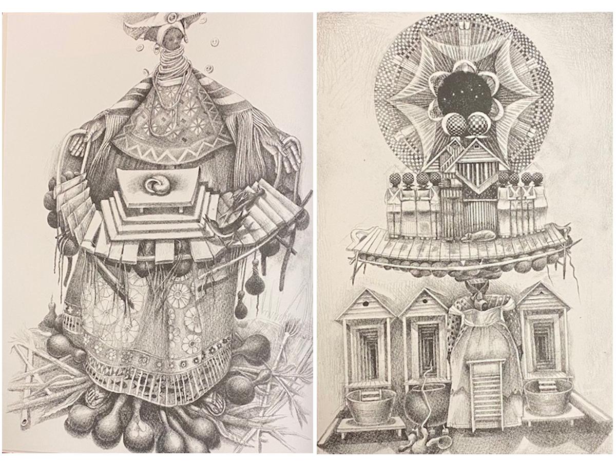 scans of two lithographs by John Biggers each illustrating a woman
