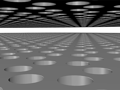 A computer-generated illustration shows two layers of solid material with holes in a hexagonal pattern in each layer.