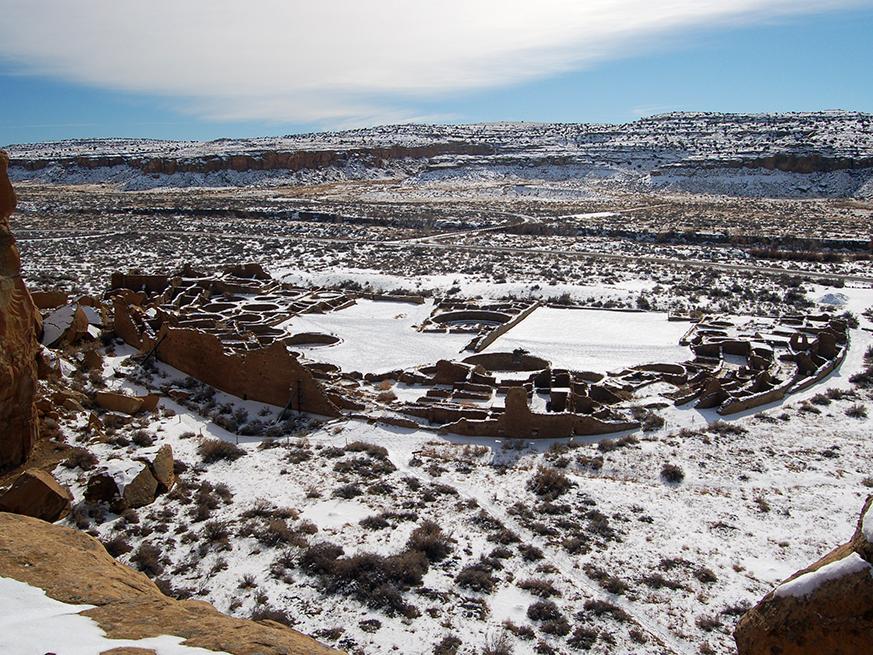 View of Pueblo Bonito with a dusting of snow