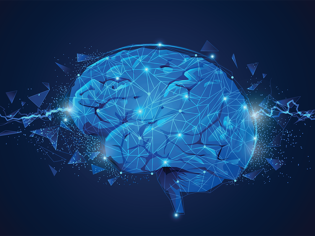 Abstract art image of a human brain with overlaid lightning and connections