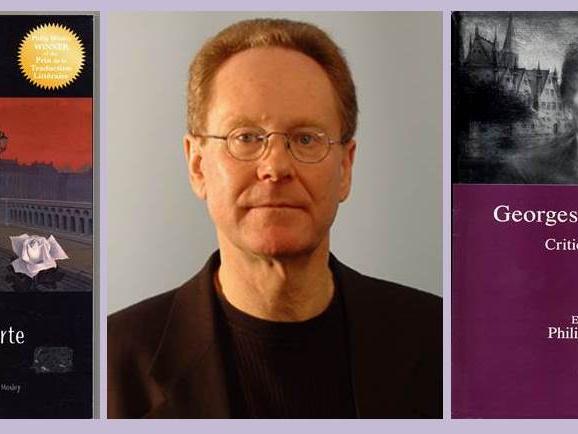 Dr. Philip Mosley and the two book covers of Georges Rodenbach books he has authored/edited. 