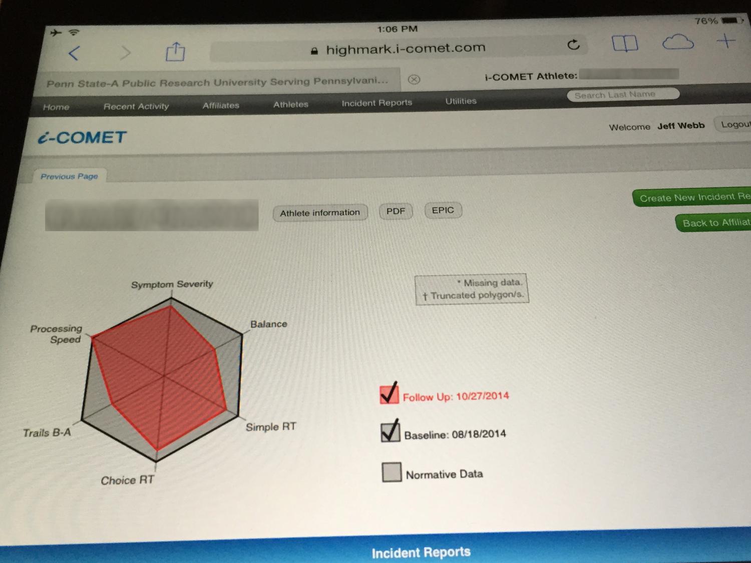 This is a screenshot of the C3 Logix app for a student athlete who suffered a concussion.